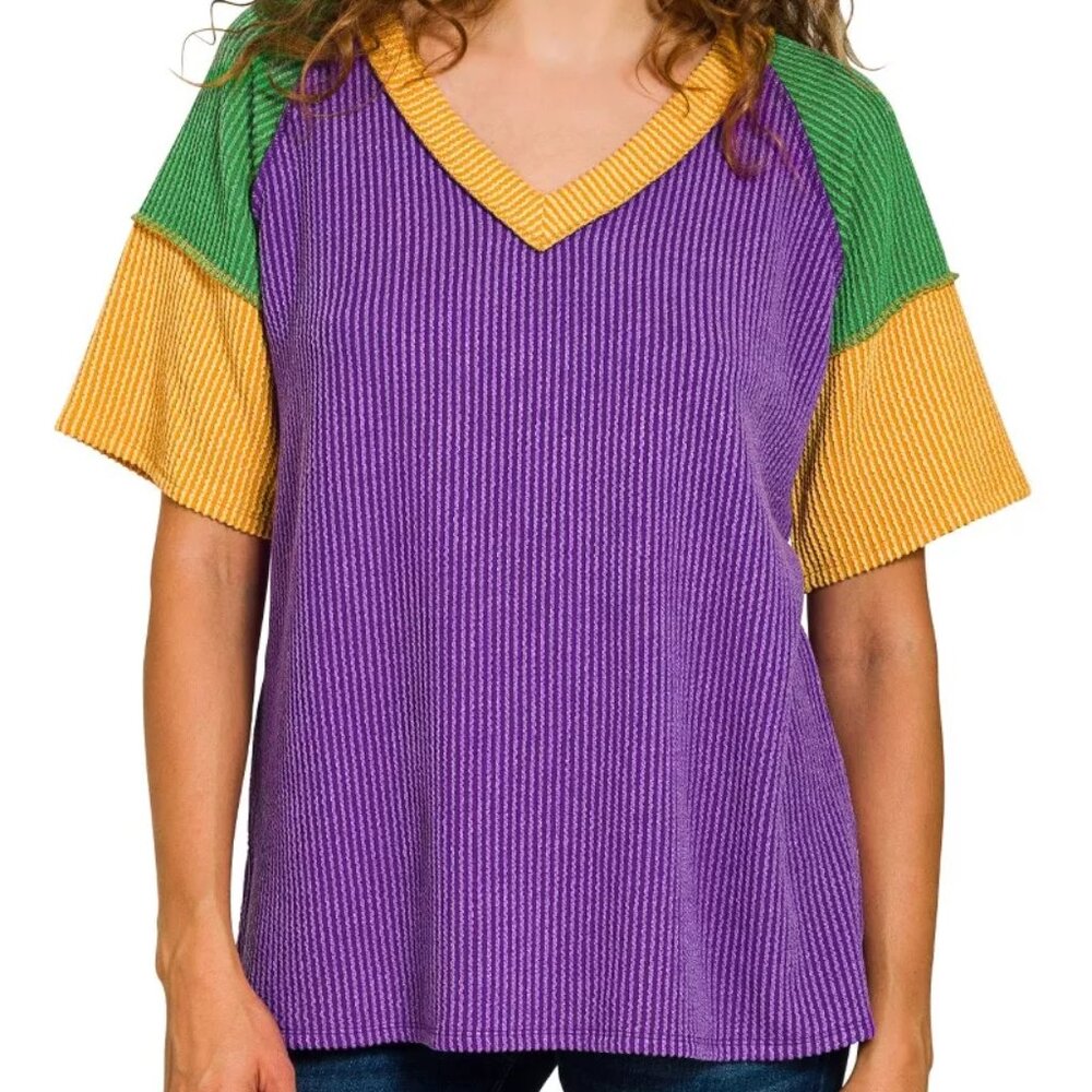 Zenana Mardi Gras Raised Rib Color Block Top